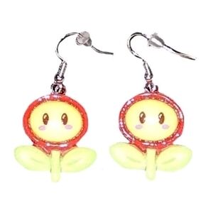 Nintendo Super Mario Bro Fire Flower Power Up Dangle Drop Silver Plated Earrings